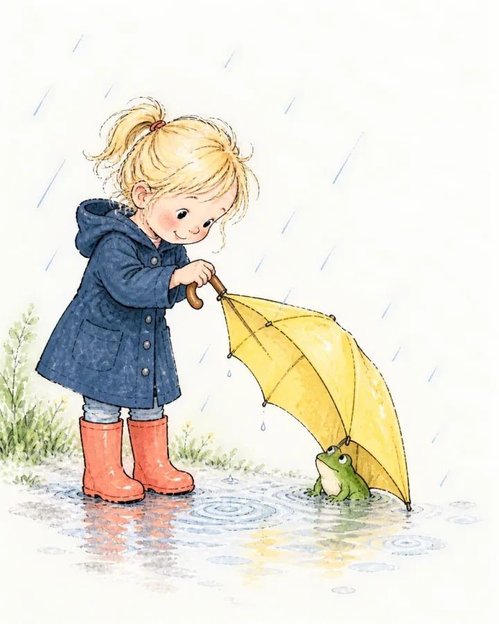 封面：雨中女孩为青蛙撑伞