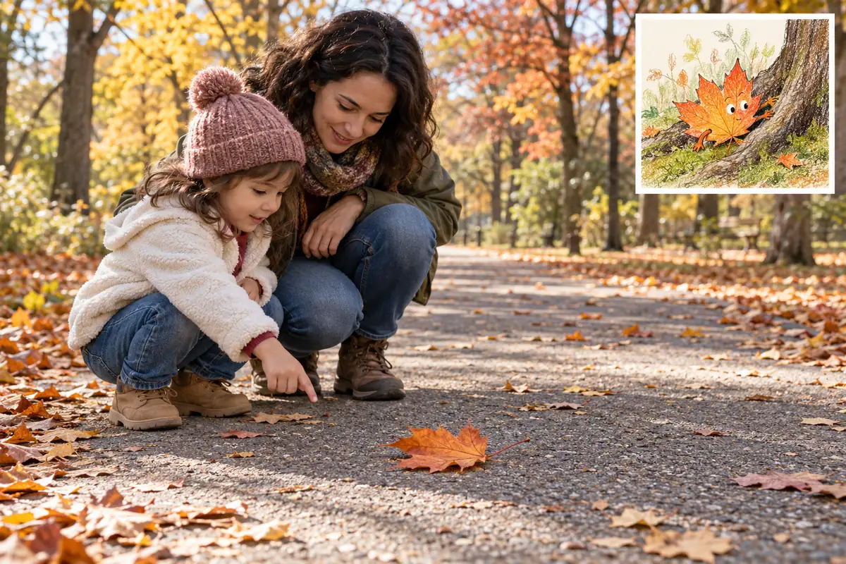 A child and caregiver observe a large fallen leaf on a wide path, beside a separate crayon drawing of an imagined leaf character.