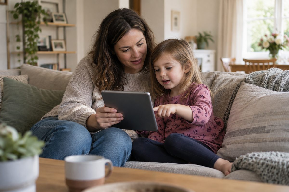 A parent and child share a tablet together on the sofa