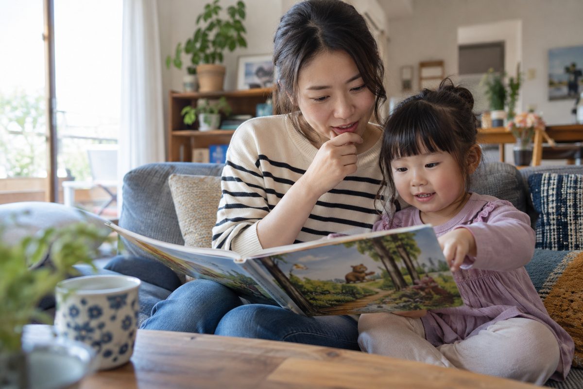 A parent and child look at a picture book together at home