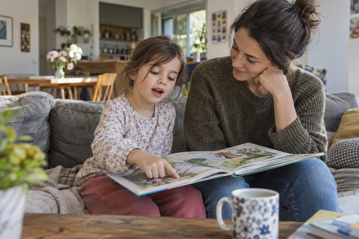 A child says a line from a picture book while a parent listens beside them
