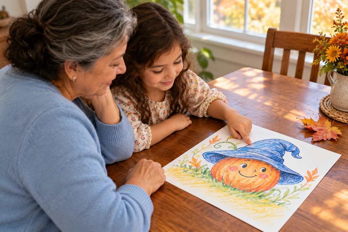 A child points to a silly pumpkin wearing a floppy hat in a story picture.
