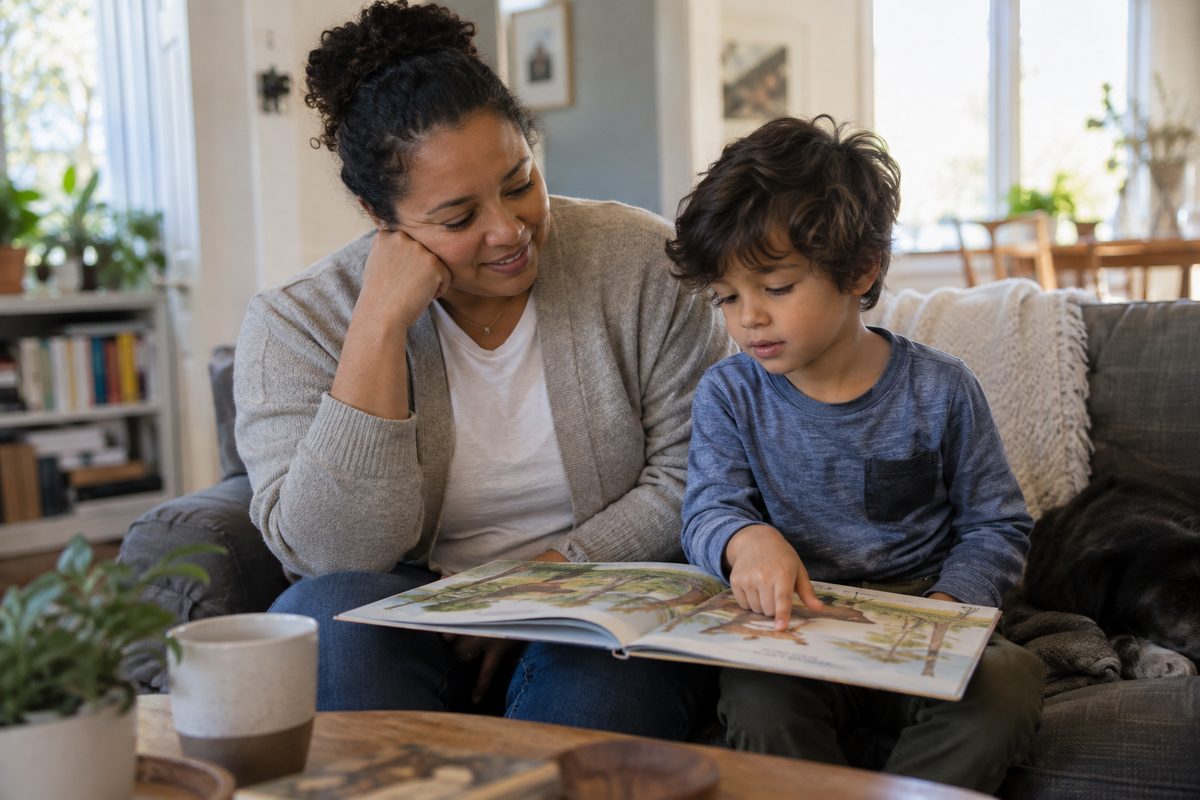A parent sits beside a child who points at a picture instead of reading aloud