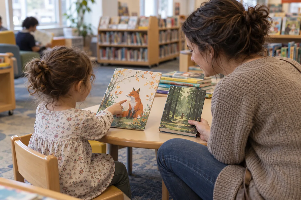 A preschool child chooses between two illustrated books while a caregiver listens at a library table.