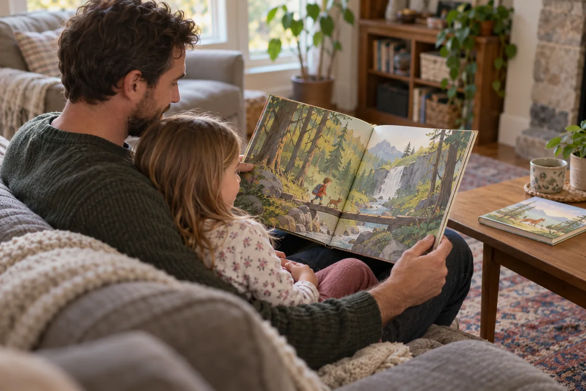 A child enjoys a story read by a caregiver, with another closed book nearby.