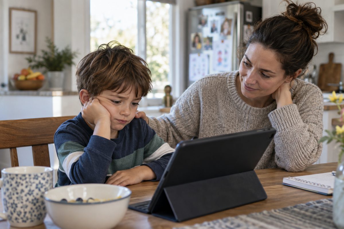 A child looks frustrated after reading to a tablet while a parent stays close