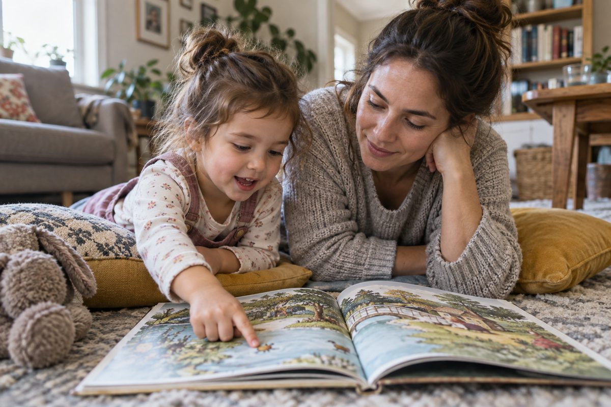 A child points to a detail in a picture book while a parent listens