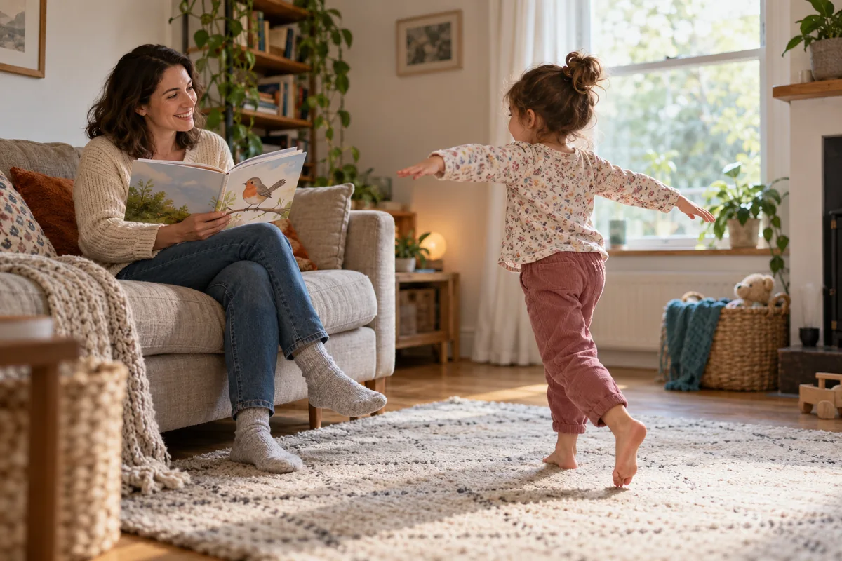 A child stretches like a bird on a clear rug while a caregiver reads nearby.