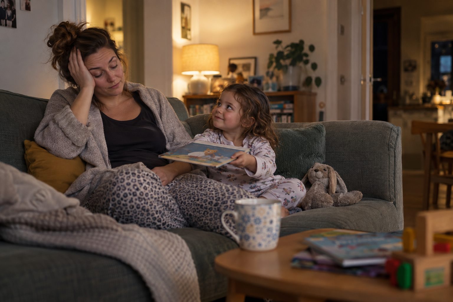 A tired parent and child sit together with one more picture book at bedtime