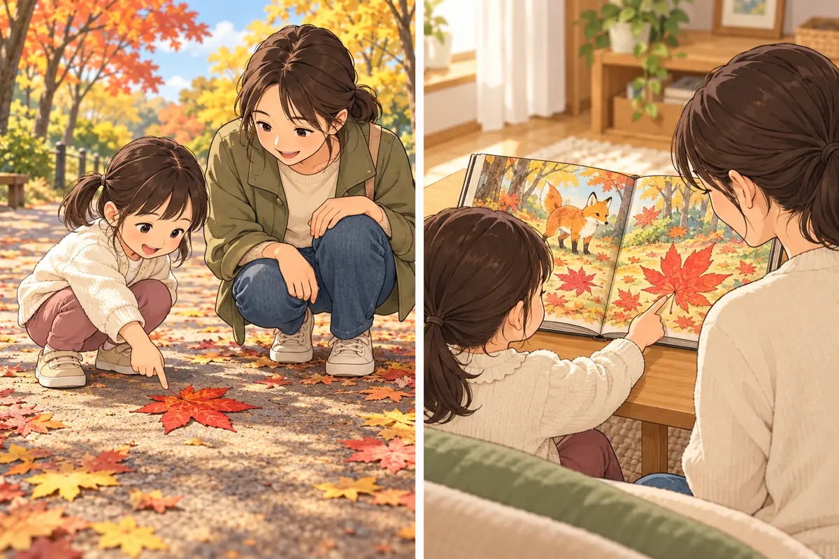 散歩で大きな赤い落ち葉を指す子どもと、家で絵本の赤い葉を一緒に見る親子
