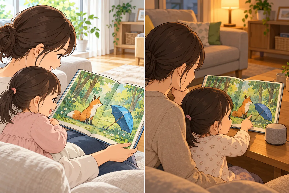 同じ絵本を、日を分けて親子で楽しむ二つの場面