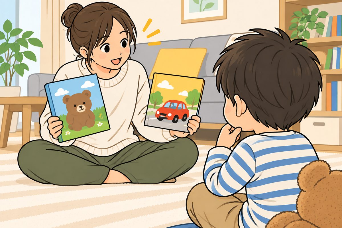 英語の絵本を嫌がる子どもに、親が二冊から選べるように見せる漫画