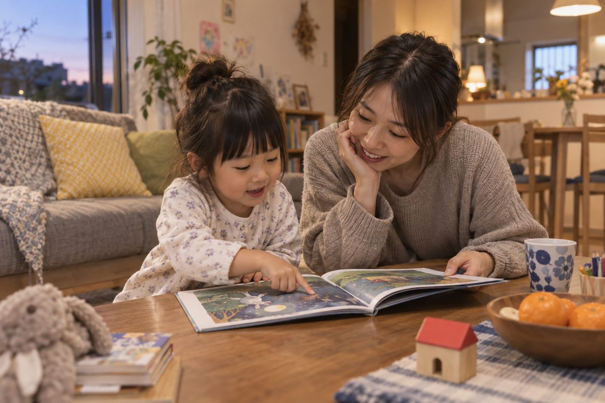夕方のリビングで親と子どもが短い絵本を一緒に楽しむ様子