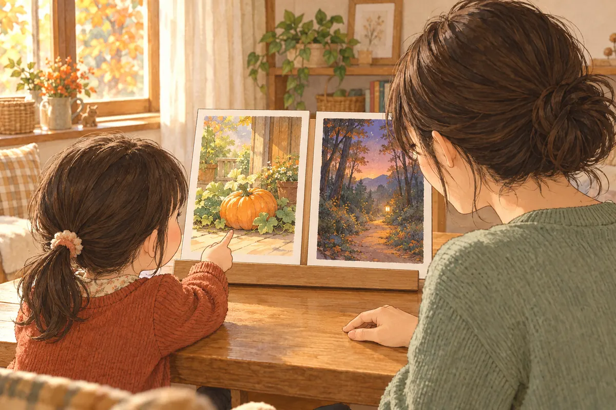 丸いかぼちゃと夕暮れの森の絵を見比べ、子どもがかぼちゃの絵を指す親子