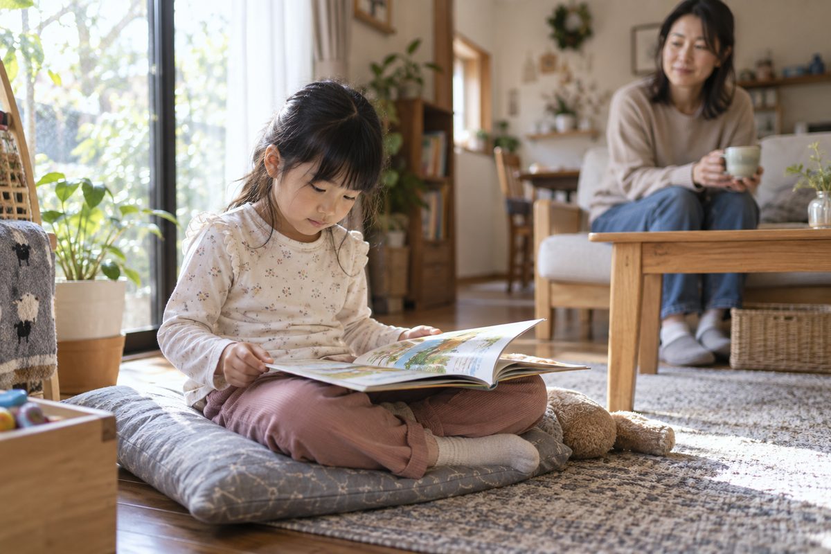 家の中で子どもが一人で絵本を開き、少し離れた場所から親が見守る様子