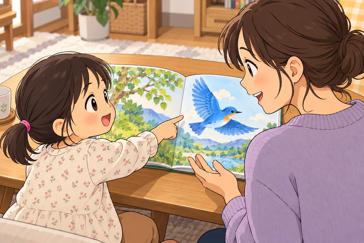 絵本の鳥を指して話す子どもと、話に耳を傾ける母親