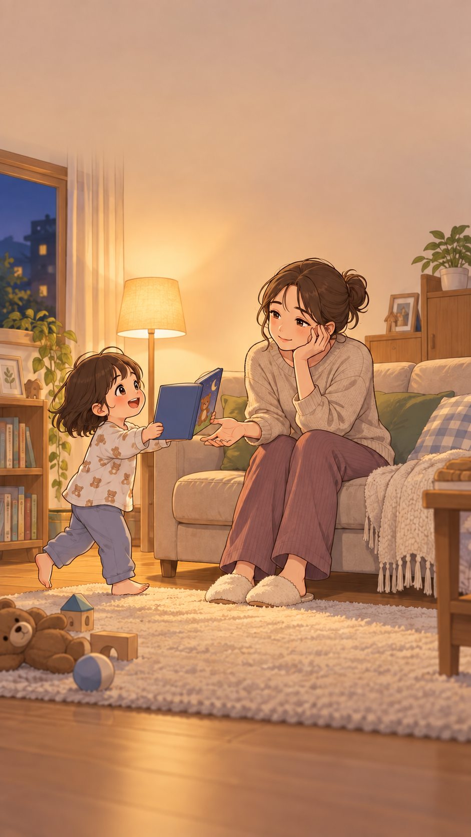 夜、絵本をもう一冊持ってきた子どもと、ソファで少し疲れた様子の親を描いた絵