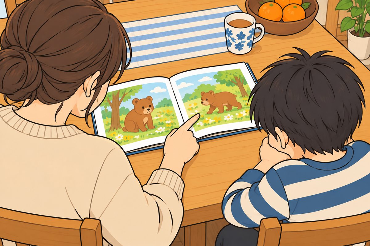 音読の宿題を前に気が進まない子どもに、親が隣から絵本の一文を示す漫画