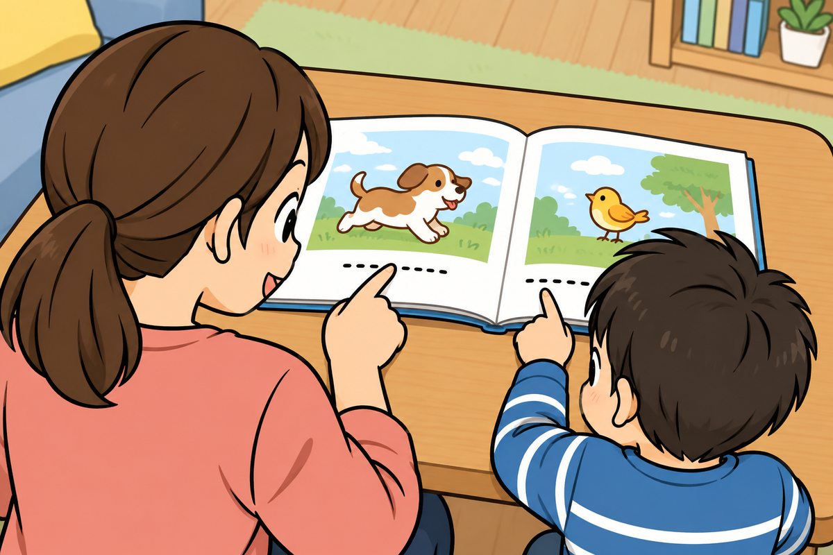 子どもと親が絵本の一文を指で追いながら一緒に読む漫画