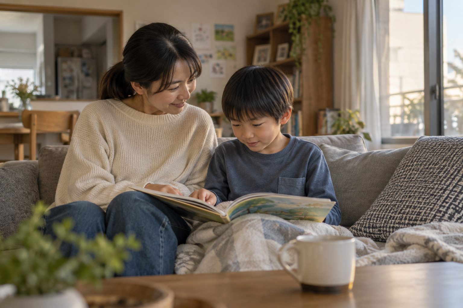 家のソファで親と並び、絵本を見つめる子ども