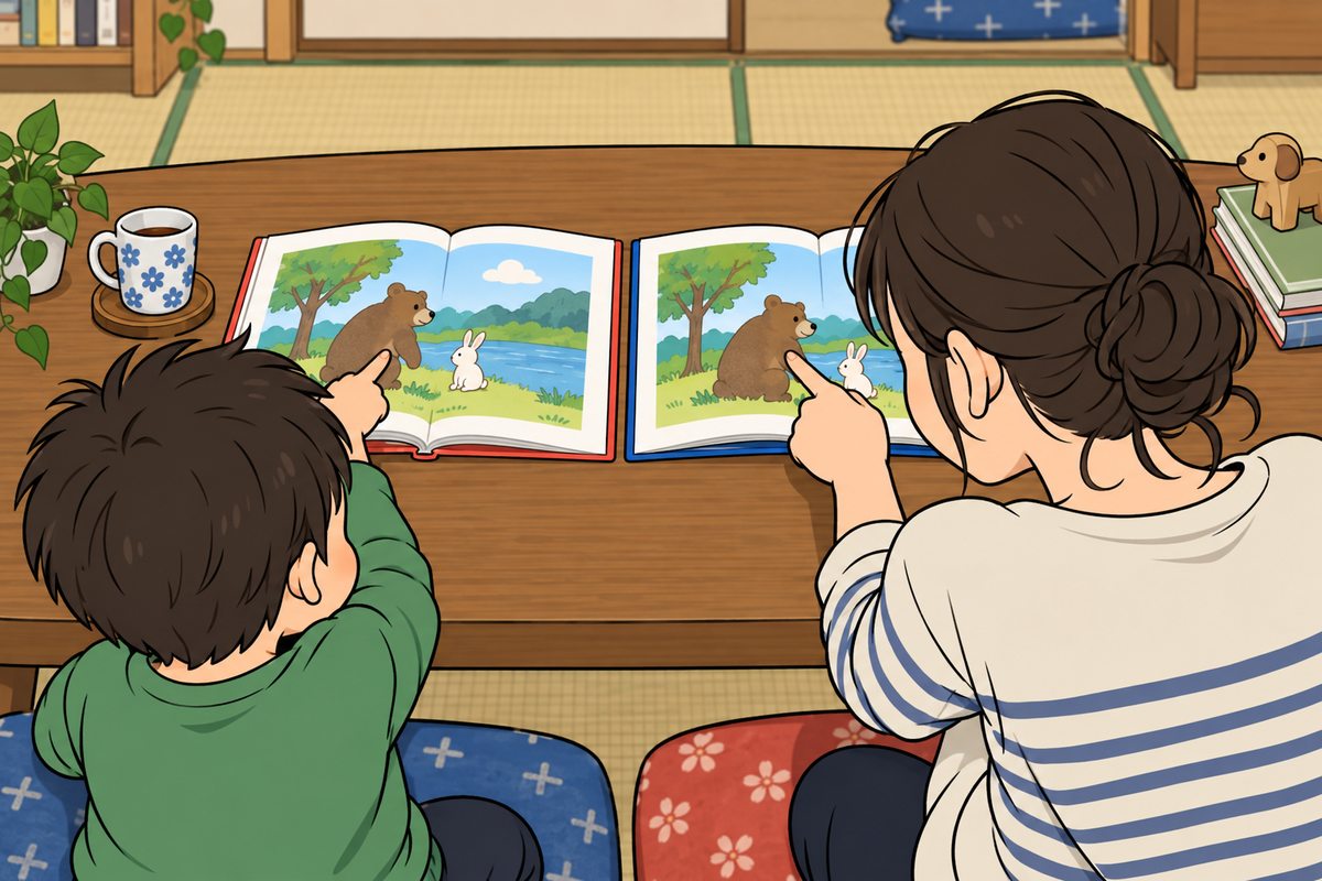 親子が同じ絵のある二冊の絵本を見比べる漫画